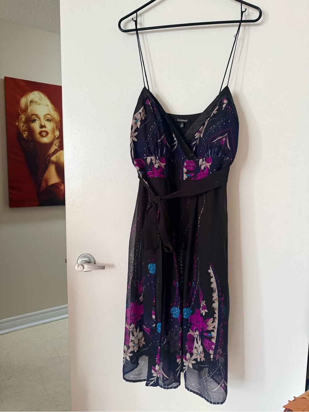 le chateau Black Floral Midi Dress with Pinkish Purple and Blue Accents